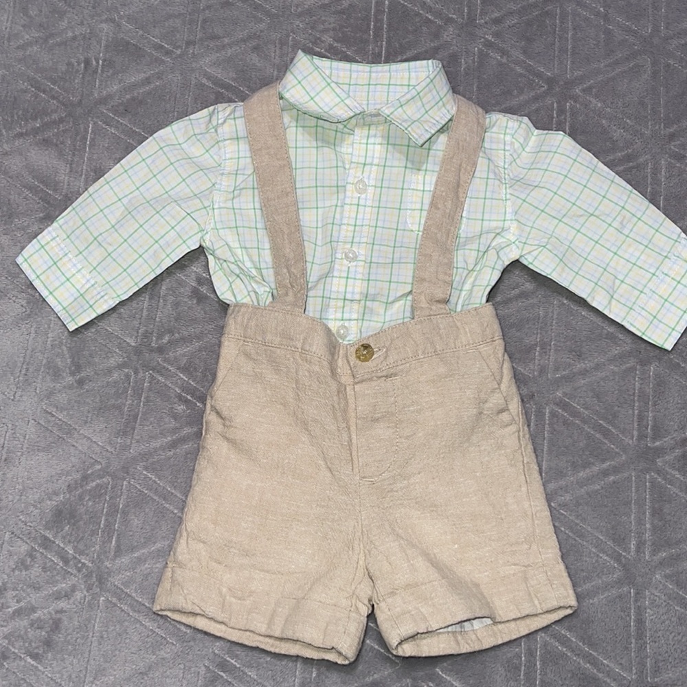 Plaid body suit and linen blend suspended shorts